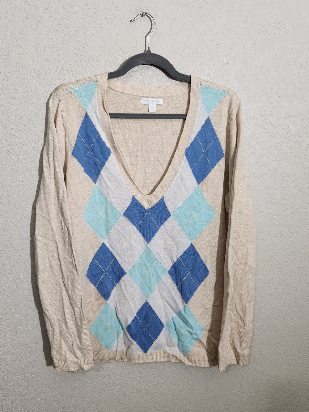 New York & Company Beige V-Neck Sweater with Blue and Aqua Argyle Tennis Sweater